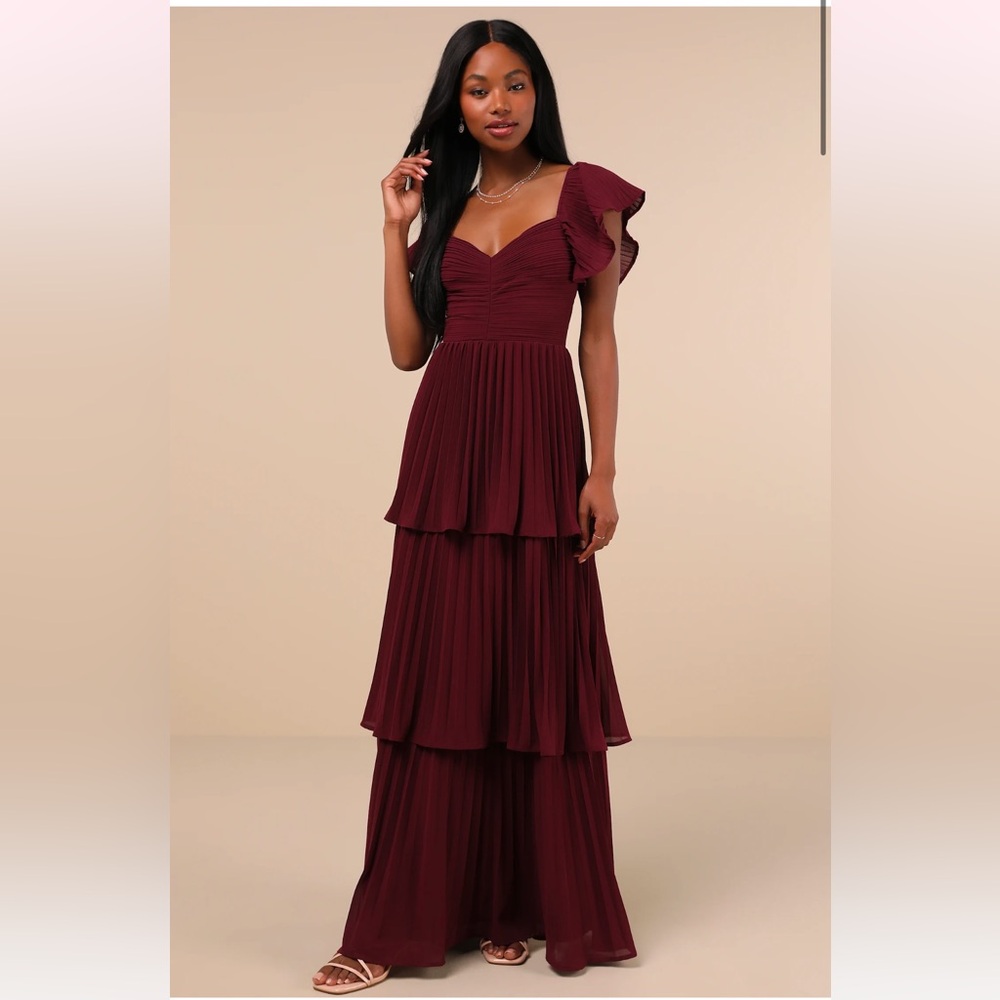 Lulu’s Notorious Charm Plum Purple Pleated Flutter Sleeve Maxi Dress
